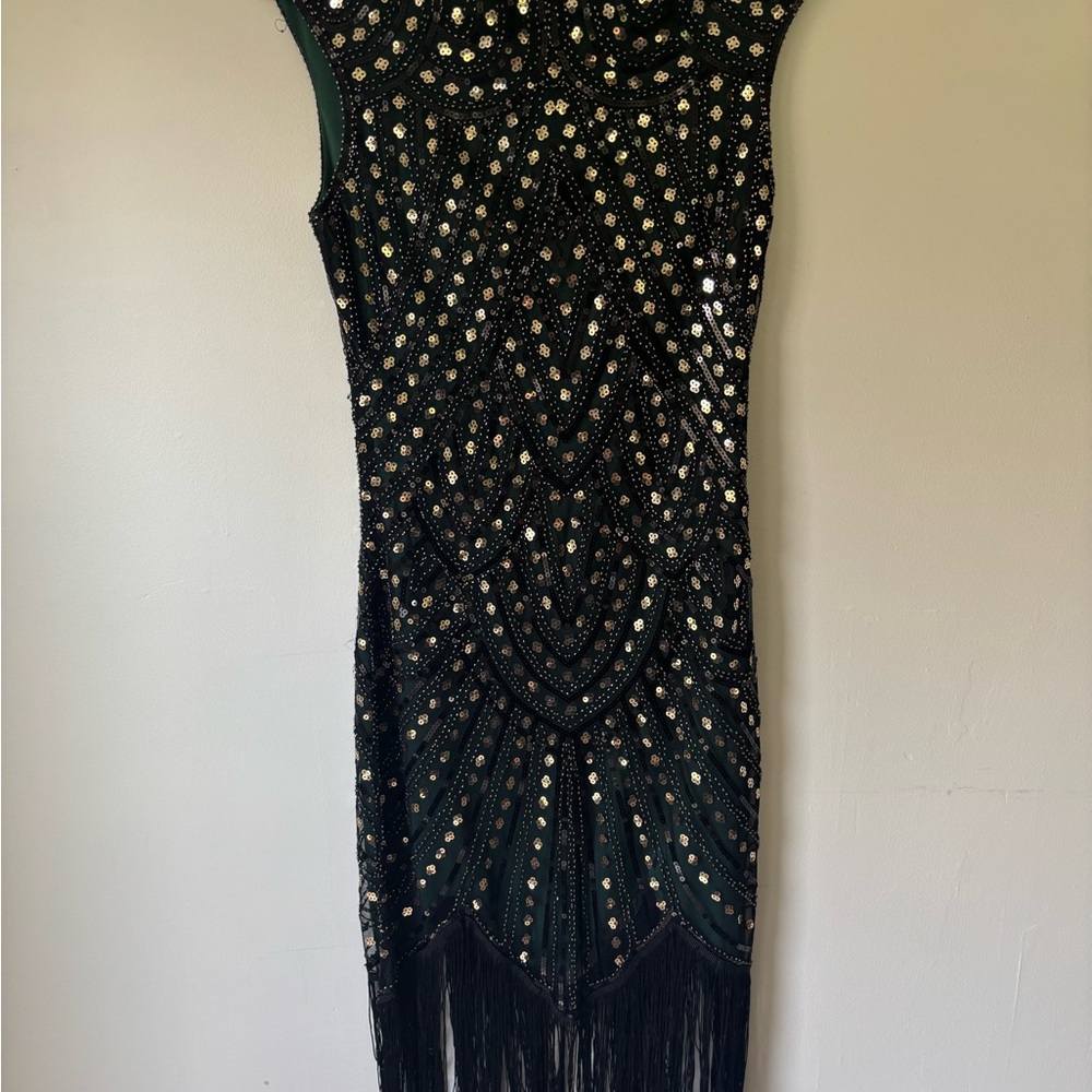 Black, emerald, and gold sequin flapper/Gatsby dress